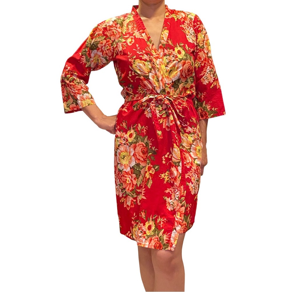 Red Flowery Coverup Wrap with Tie and 3/4 Sleeves